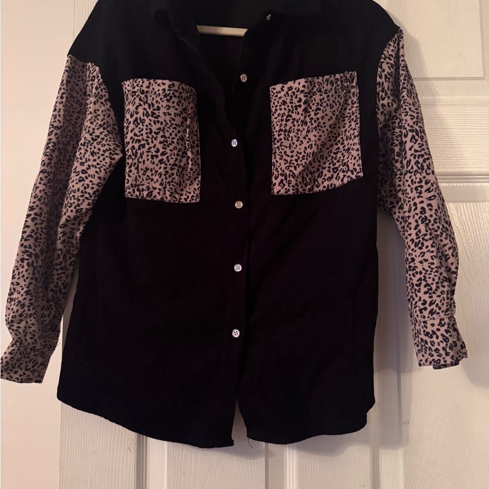 Black and Leopard Print Button-Up Shirt